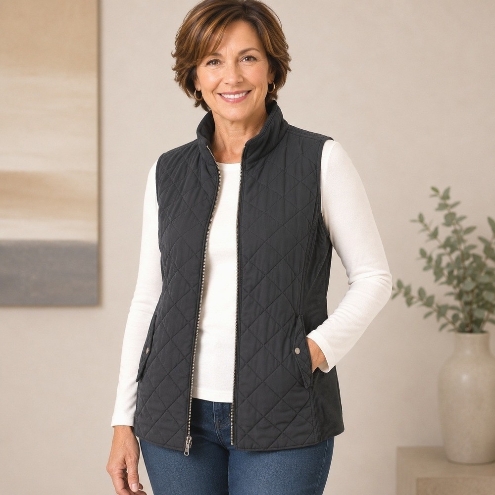 J.Jill Large Black Quilted Zip Vest Rib Knit Stretch Travel Casual Quiet Luxury